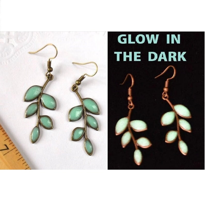 green leaves earrings glow jewelry, mint leaf glow in the dark Glowing gift for her, glowing in the dark jewelry plant mothers day gifts mom image 1