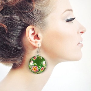 wedding green Earrings handmade wooden jewelry Folk art painting pink floral Gift ideas for women, wood boho earrings flower girlfriend gift