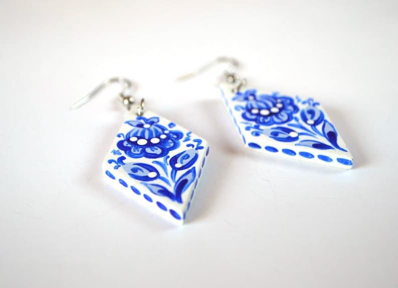 blue and white earrings Blue Jewelry paint birthday gift wife, Gift for women Wedding Bridal jewelry anniversary gift mom, pretty earrings image 3