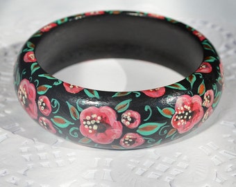 Boho Armband Holz Ethno Schmuck Handarbeit Armband Schwarz Rosa Floral Schmuck handbemalt Armreif Armband Statement Geschenk für Mama Geschenkideen