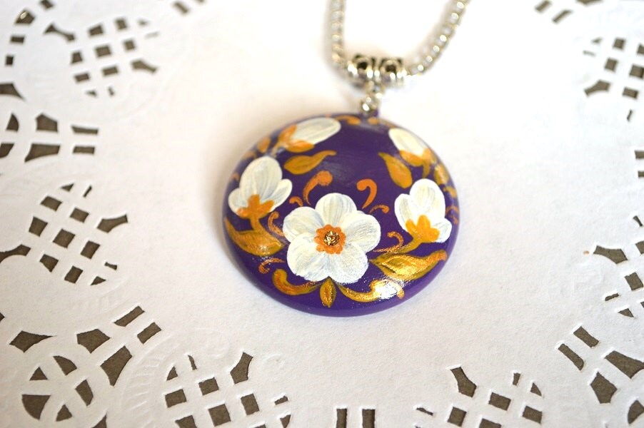 Purple Pendant Necklace Handmade Hand Painted Romantic