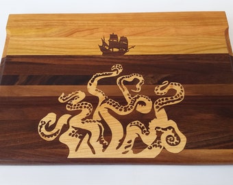 Davey Jones Locker Cutting Board, Amazing cutting board, Gift idea, Ocean, Pirate, Kraken, Mythical Creatures, Inlay Cutting Board