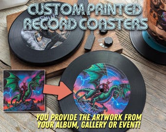 Custom printed record coaster set with turntable holder.  YOU supply the images or your album covers!  Perfect for bands and musicians.