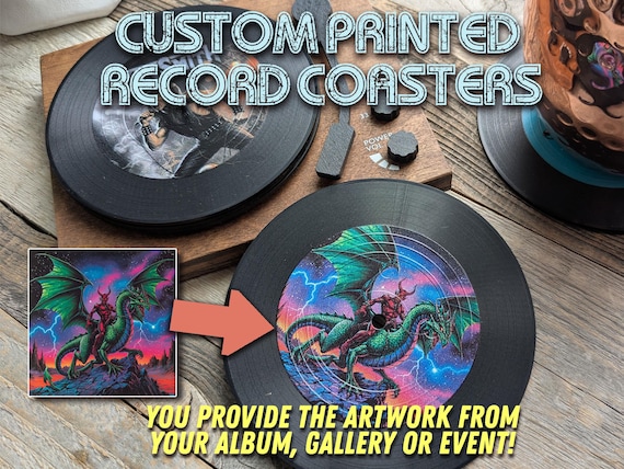 Custom printed record coaster set with turntable holder.  YOU supply the images or your album covers!  Perfect for bands and musicians.