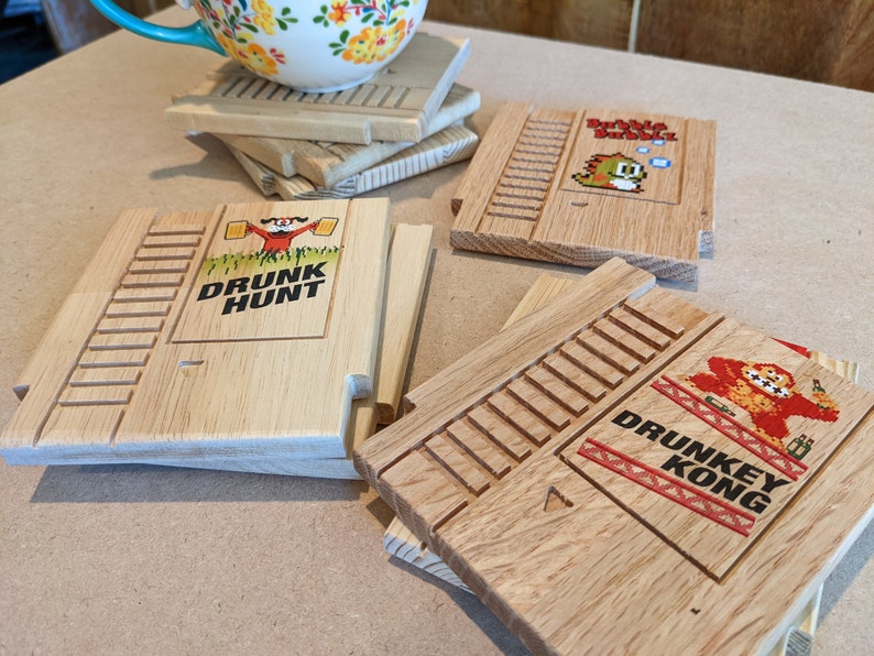 Retro 8 bit COLOR mini wood Coasters with FREE SHIPPING select up to 8 Punny titles, Old school, 8Bit, Pixel, Gamer, Video Game image 2