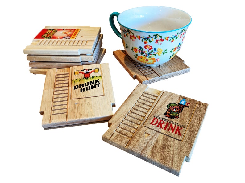 Retro 8 bit COLOR mini wood Coasters with FREE SHIPPING select up to 8 Punny titles, Old school, 8Bit, Pixel, Gamer, Video Game image 3