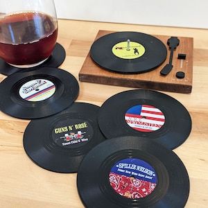 Funny Vinyl Record Coasters with Turntable Holder make a set with 6 titles from 26 punny options Music gift, Musician Gift, Music Lover image 1