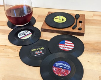 Funny Vinyl Record Coasters with Turntable Holder - make a set with 26 hilarious punny options! A Great gift idea for music lovers.