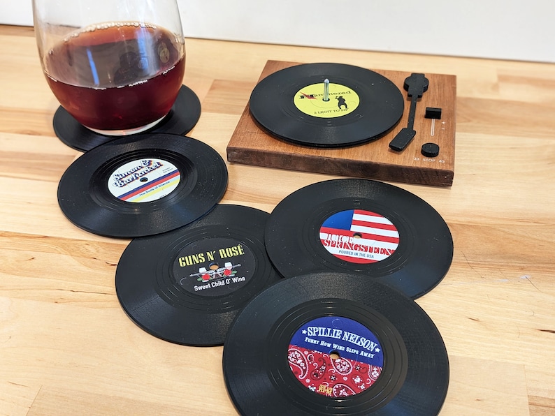 Funny Vinyl Record Coasters with Turntable Holder make a set with 6 titles from 26 punny options Music gift, Musician Gift, Music Lover image 1