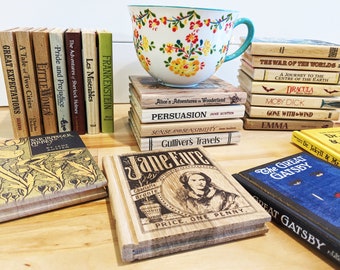 Real Title Solid Wood Book Shape Coasters FULL COLOR & FREE shipping!- pick from 26 classic options -Best gift for book lovers!