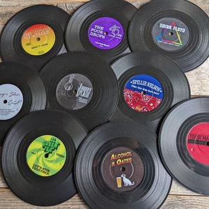 Funny Vinyl Record Coasters with Turntable Holder make a set with 6 titles from 26 punny options Music gift, Musician Gift, Music Lover image 9