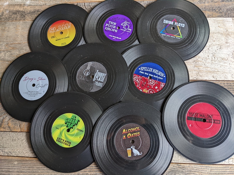 Funny Vinyl Record Coasters with Turntable Holder make a set with 6 titles from 26 punny options Music gift, Musician Gift, Music Lover image 9