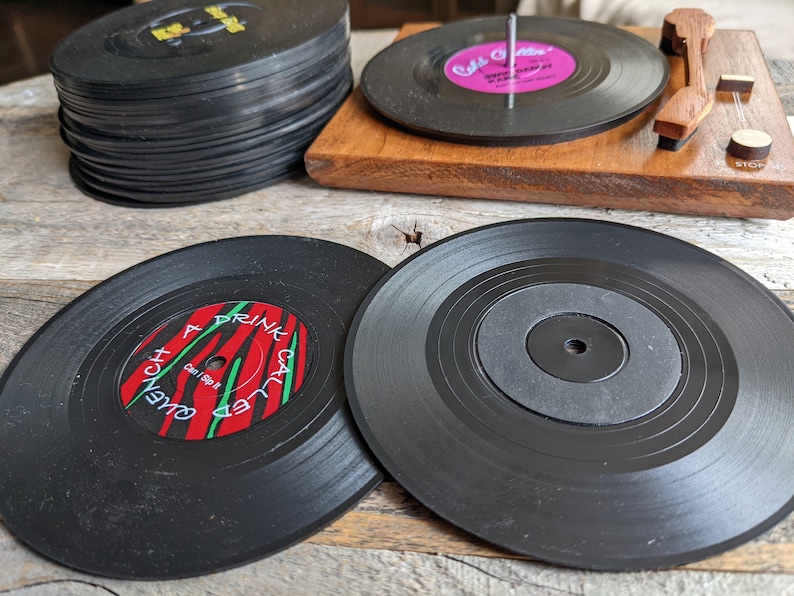 Funny Vinyl Record Coasters with Turntable Holder make a set with 6 titles from 26 punny options Music gift, Musician Gift, Music Lover image 8