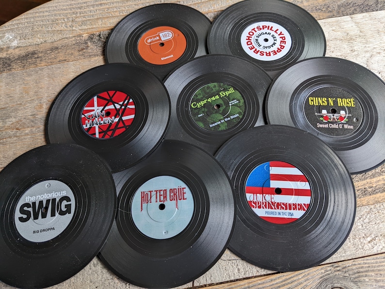 Funny Vinyl Record Coasters with Turntable Holder make a set with 6 titles from 26 punny options Music gift, Musician Gift, Music Lover image 10