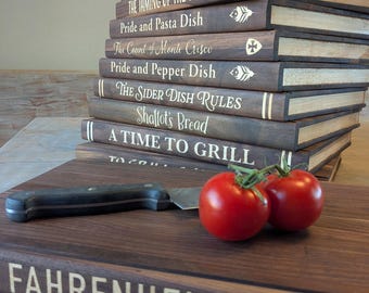 Solid wood book shaped Cutting Board.  Disguise your cutting board as a vintage book, you personalize the title.