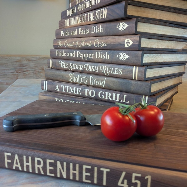 Solid wood book shaped Cutting Board.  Disguise your cutting board as a vintage book, you personalize the title.