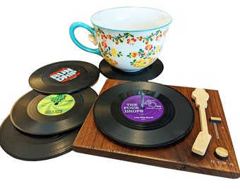Funny Vinyl Record Coasters with Turntable Holder - make a set with 6 titles from 26 punny options! Music gift, Musician, Music Lover