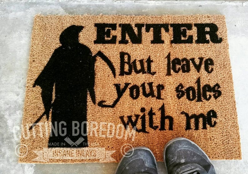 wipe your feet! Trick or treat Grim reaper leave your soles Funny Halloween Doormat!