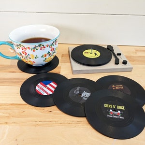 Funny Vinyl Record Coasters with Turntable Holder make a set with 6 titles from 26 punny options Music gift, Musician Gift, Music Lover image 4