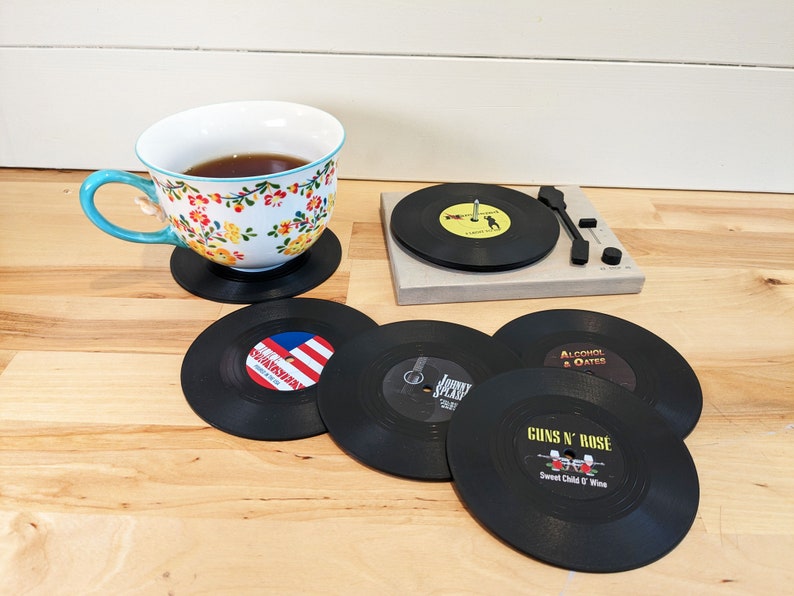 Funny Vinyl Record Coasters with Turntable Holder make a set with 6 titles from 26 punny options Music gift, Musician Gift, Music Lover image 4