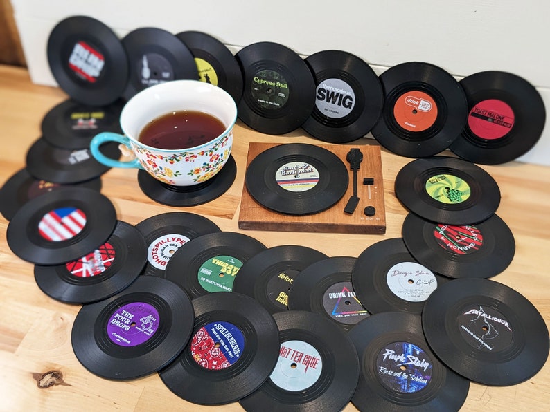 Funny Vinyl Record Coasters with Turntable Holder make a set with 6 titles from 26 punny options Music gift, Musician Gift, Music Lover image 6