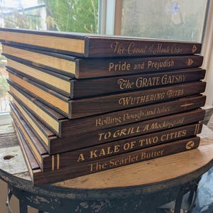 Solid wood book shaped Cutting Board for the book loving chef.  Disguise your cutting board as a vintage book, you personalize the title!
