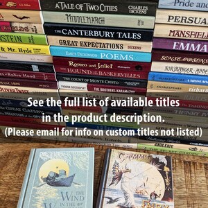 Wind in the Willows and Grimms fairy tales Wood book coasters sit in front of a stack of other titles. Over it, the text "see the full list of available title in the product description. please email for info on custom titles not listed".