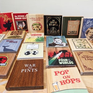 Solid Wood Book Shape Coasters FULL COLOR & FREE shipping pick from 21 punny options reclaimed wood Coaster set, gifts for book lovers image 4