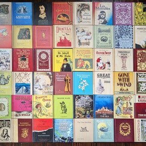 An arrangement of all the Wooden Book covers in flat view.  Lots of color variety and detail show, with many recognizable classic book covers.