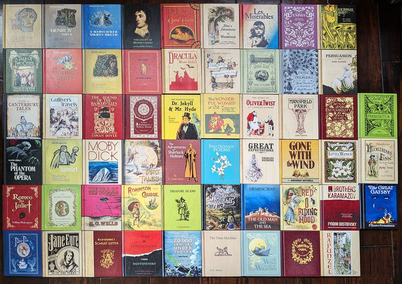 An arrangement of all the Wooden Book covers in flat view.  Lots of color variety and detail show, with many recognizable classic book covers.