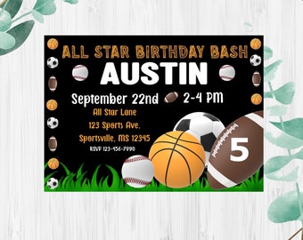 Sports Birthday Invitation, Sports Birthday, Multi Sport Birthday Invitations, Sports Party Invitations, Sports Party Invite, Sports Party