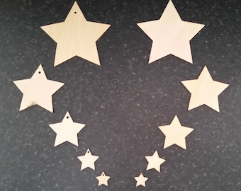 10 Pack of Wooden Star Craft Shapes 2cm to 10cm Hanging Decoration