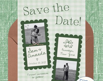 Green Gingham Save The Date Template, Wedding Announcement, Printable Invitation, Customizable Canva Design - PDF Download