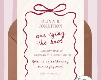 Pink Bow Save The Date Template, Wedding Announcement, Printable Invitation, Customizable Canva Design - PDF Download