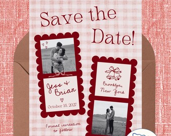 Red Gingham Save The Date Template, Wedding Announcement, Printable Invitation, Customizable Canva Design - PDF Download