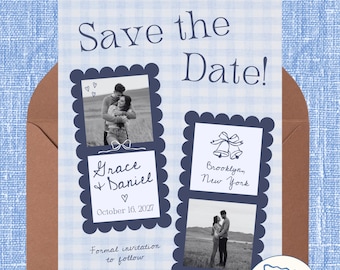 Blue Gingham Save The Date Template, Wedding Announcement, Printable Invitation, Customizable Canva Design - PDF Download