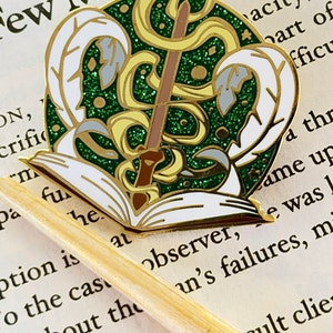 Art Nouveau Charms School of Magic Enamel Pin Wizard Witch Green Book Magical Wand Leviosa