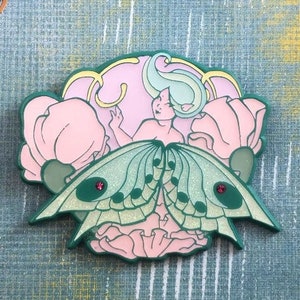 Blumenfee Jugendstil Emaille Pin Teal Pink Edelstein Glitzer Luna Moth