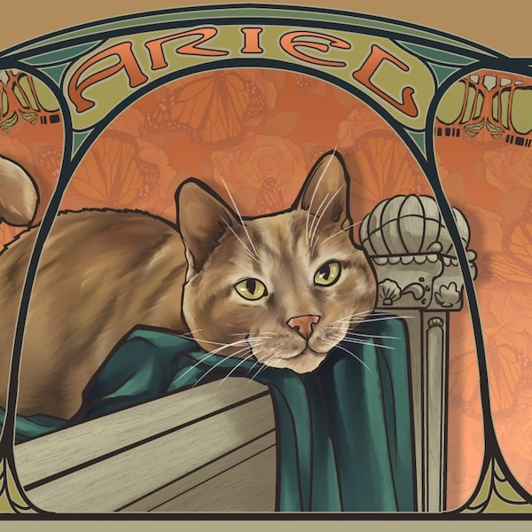 Comisión de retratos de mascotas personalizados - Pintura Art Nouveau; Gato Perro Conejo Rata Hurón Pájaro Cabra Caballo Pez Serpiente Tortuga Conejillo de Indias Hámster