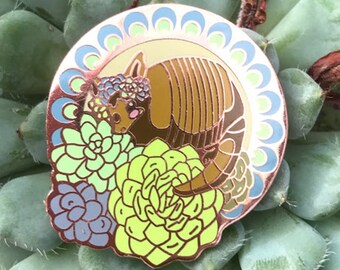 Armadillo Art Nouveau Critter Enamel Pins cute animal succulents desert flower