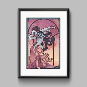 May include: A framed illustration of two women in a stylised art nouveau design. The woman at the top is upside down, with her hair flowing down and around the woman below. The woman at the bottom is sitting with her legs crossed, wearing a pink dress. The background is a soft pink and orange.