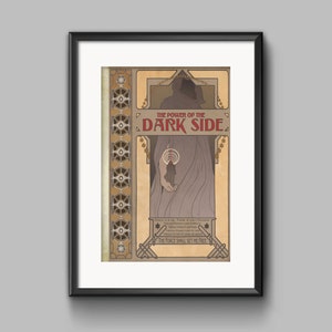 May include: A vintage-style poster with an art deco design featuring a hooded figure with the text "THE POWER OF THE DARK SIDE" and the quote "PEACE IS A LIE. THERE IS ONLY PASSION.  TRUE JUDGEMENT.  TRUE POWER.  THROUGH PASSION I GAIN STRENGTH.  THROUGH STRENGTH I GAIN POWER.  THROUGH POWER I GAIN VICTORY.  THROUGH VICTORY MY CHAINS ARE BROKEN.  THE FORCE SHALL SET ME FREE."