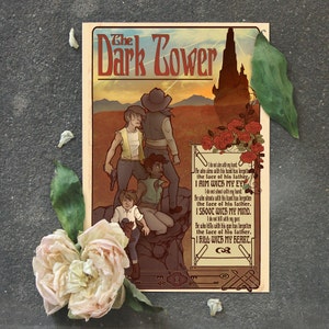 May include: A vintage-style illustration of a dark tower with a quote about aiming with the eye, mind, and heart. The illustration features a group of people in a desert landscape with a quote about aiming with the eye, mind, and heart.