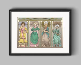 Golden Girls Art Nerdveau Print featuring Blanche Devereaux, Rose Nylund, Dorothy Zbornak, Sophia Petrillo, Betty White, Bea Arthur