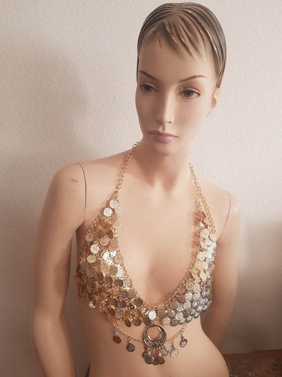 Professional Tribal Belly Dance Bra Handmade of Silver and Gold Coins. 