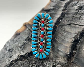 Sterling Silver Turquoise and Coral Ring. Size 8.25.