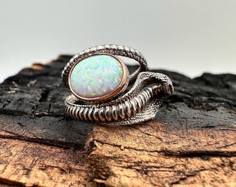 Sterling Silver White Opal Cobra  Ring w 14k Gold Filled Bezel Size 6.5