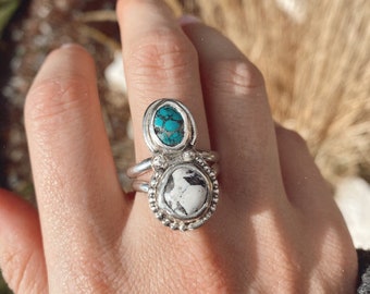 Sterling Silver White Buffalo and Cloud Mountain Turquoise Ring Size 7.5