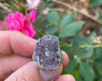 Sterling Silver Purple Raw Amethyst Druzy Ring Size 8 (can be sized up to 8.5)