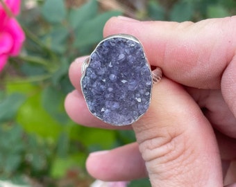 Sterling Silver Purple Raw Amethyst Druzy Ring Size 9 (can be sized up to 9.5)